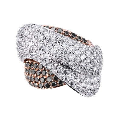 Band ring in white and rosé gold 18k with black and white diamonds pavé