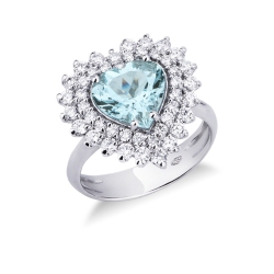 Halo ring with aquamarine heart cut and diamonds white gold 18k 
