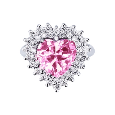 White gold 18k ring with central pink sapphire heart cut and diamonds