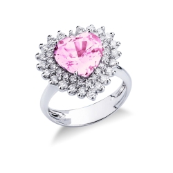 White gold 18k ring with central pink sapphire heart cut and diamonds