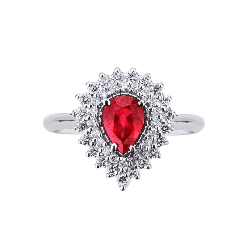 White gold 18k ring with ruby pear cut and diamonds 
