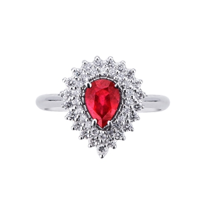 White gold 18k ring with ruby pear cut and diamonds 