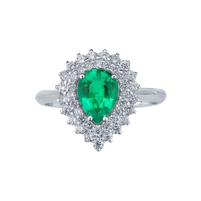 White gold 18k ring with emerald pear cut and diamonds 