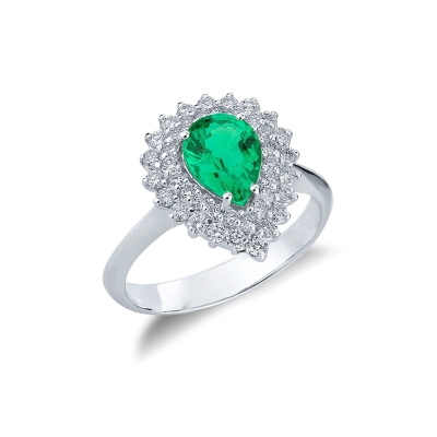 White gold 18k ring with emerald pear cut and diamonds 