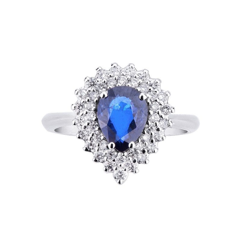 White gold 18k ring with a blue sapphire pear cut and diamonds 