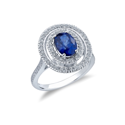 White gold 18k ring with oval cut blue sapphire and diamonds 