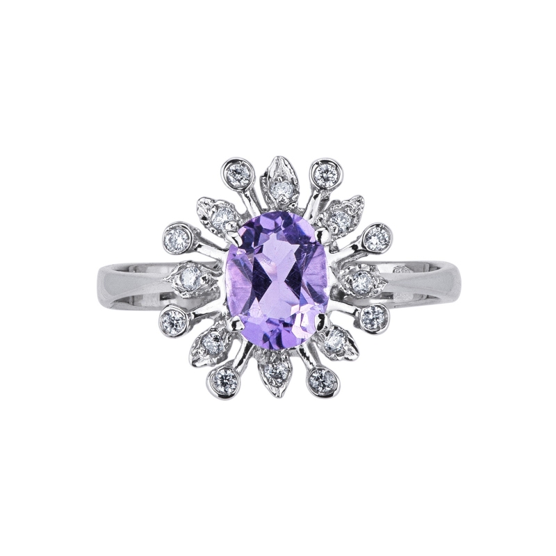 Halo ring with amethyst and diamonds white gold 18k