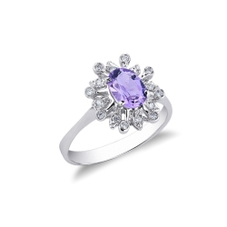 Halo ring with amethyst and diamonds white gold 18k