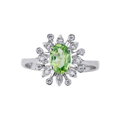 Anello contorno moderno con Peridoto e Diamanti in Oro bianco 18k 
