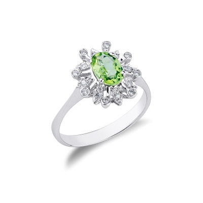 Anello contorno moderno con Peridoto e Diamanti in Oro bianco 18k 