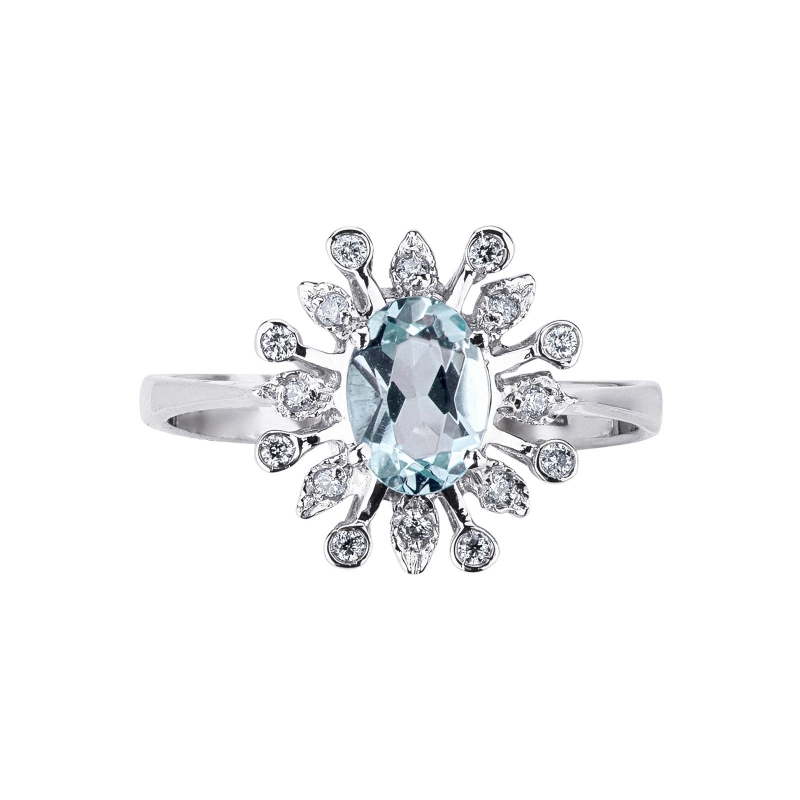 Halo ring with aquamarine and diamonds white gold 18k