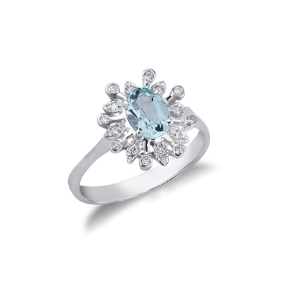 Halo ring with aquamarine and diamonds white gold 18k