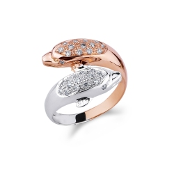 White and rose gold 18k curved shank band ring dolphin shaped with diamonds 