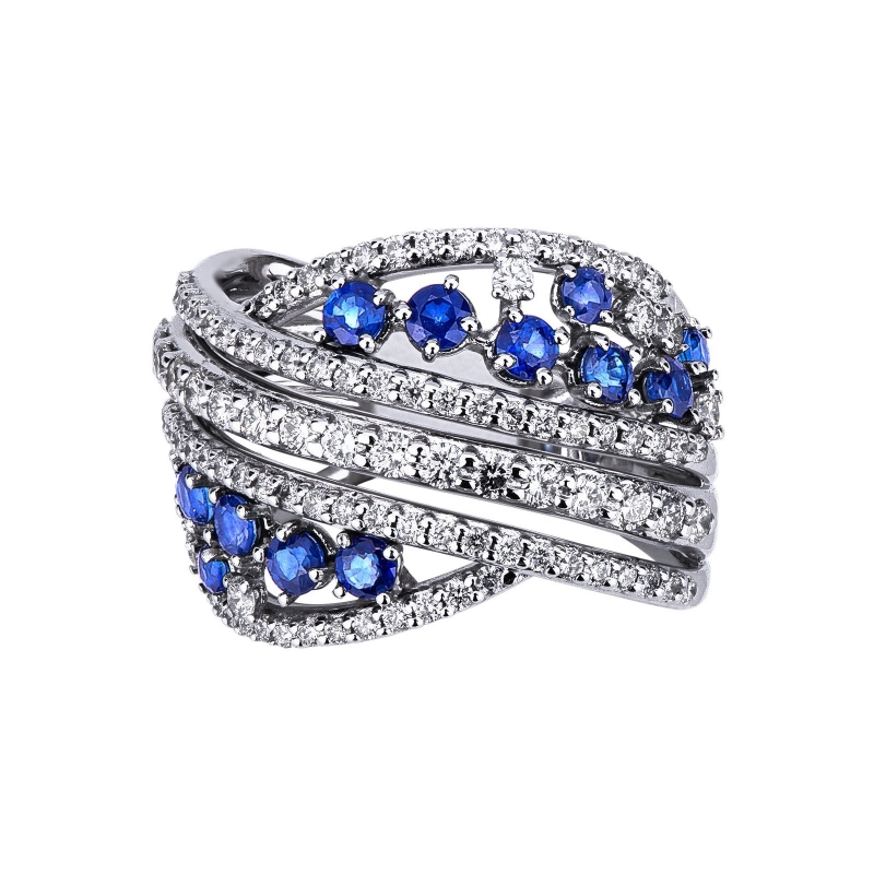 White gold 18k corrugated ring with blue sapphires and diamonds 