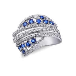 White gold 18k corrugated ring with blue sapphires and diamonds 