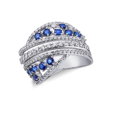 White gold 18k corrugated ring with blue sapphires and diamonds 