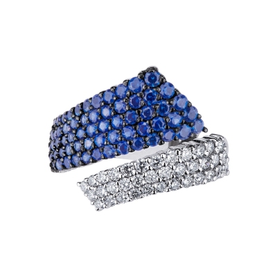 18k white gold contrariè ring with blue sapphires and diamonds 