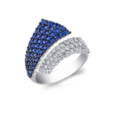 18k white gold contrariè ring with blue sapphires and diamonds 