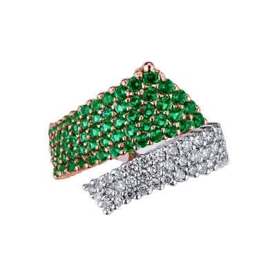 18k white and rose gold contrariè ring with emerald and diamond pavè