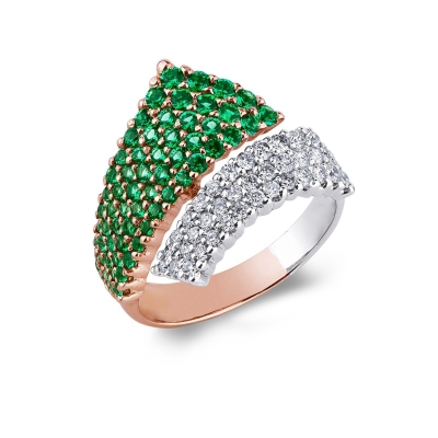 18k white and rose gold contrariè ring with emerald and diamond pavè