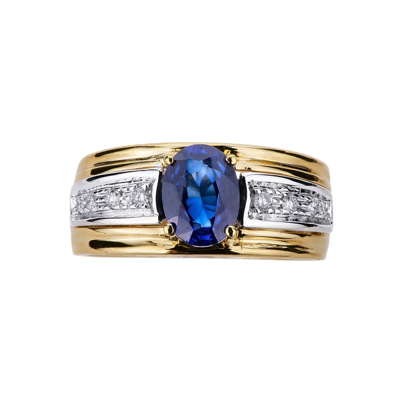 Band ring in white and yellow gold 18k with blue sapphire and diamonds 