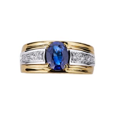 Band ring in white and yellow gold 18k with blue sapphire and diamonds 