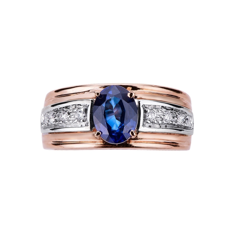 Band ring in rosé and white gold 18k with diamonds and blue sapphire