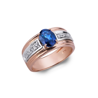 Band ring in rosé and white gold 18k with diamonds and blue sapphire