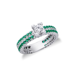 White gold 18k ring with central diamond and emeralds