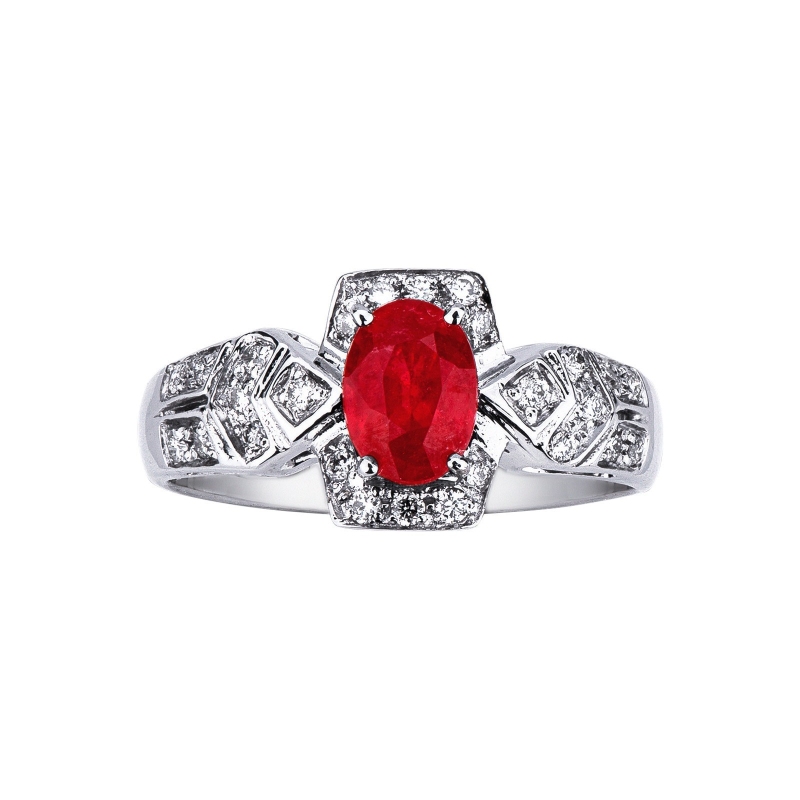 18k white gold ring with a central ruby oval cut and diamonds 