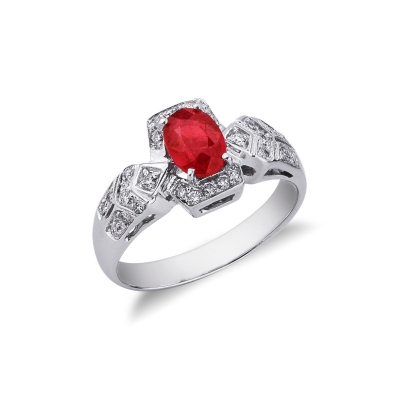 18k white gold ring with a central ruby oval cut and diamonds 