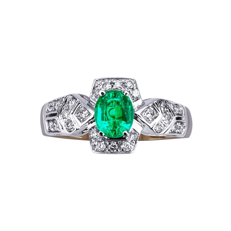 White and yellow gold 18k ring with an emerald and diamonds 