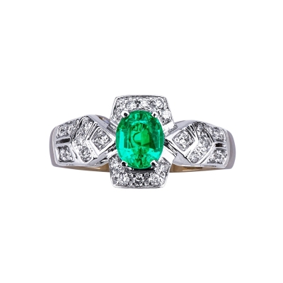 White and yellow gold 18k ring with an emerald and diamonds 