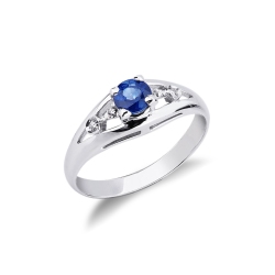18k white gold ring with a central blue sapphire and side diamonds 