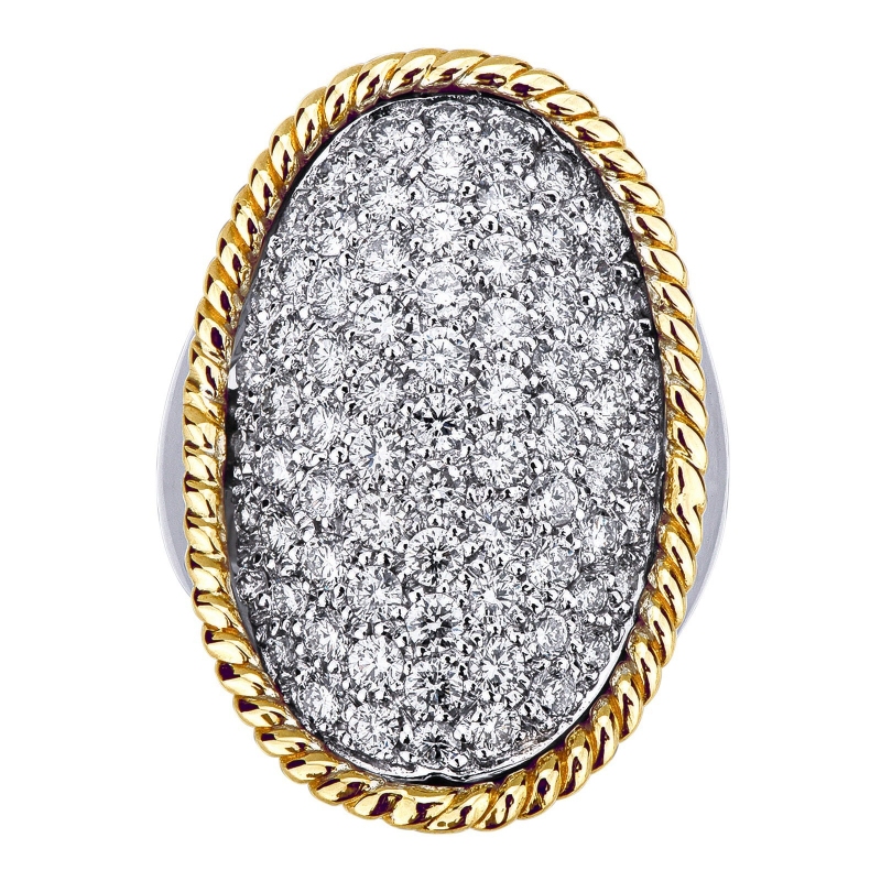 White and yellow gold 18k ring with a big oval diamonds pavé