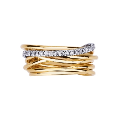 Yellow and white gold 18k crossover ring with diamonds 