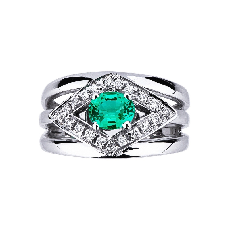 White gold 18k band ring with emerald and diamonds 