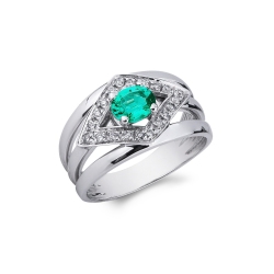 White gold 18k band ring with emerald and diamonds 