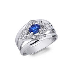 White gold 18k ring with blue sapphire and diamonds rhombus shaped