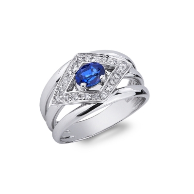 White gold 18k ring with blue sapphire and diamonds rhombus shaped
