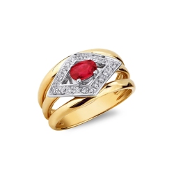 White and yellow gold 18k ring with a ruby and diamonds rhombus shaped