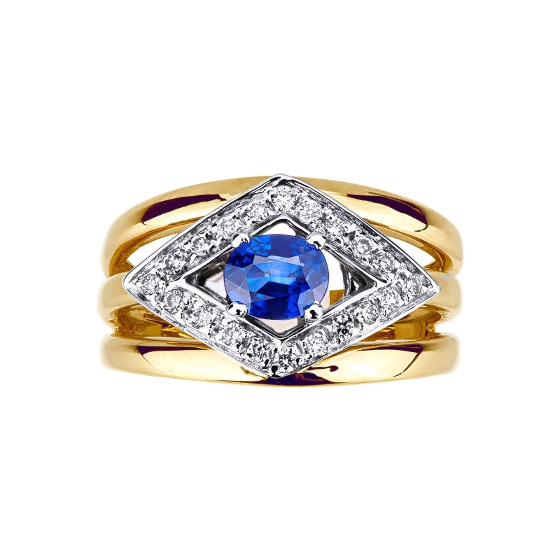 Yellow and white gold 18k ring with a blue sapphire and diamonds 