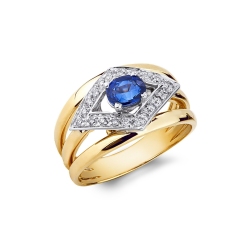 Yellow and white gold 18k ring with a blue sapphire and diamonds 