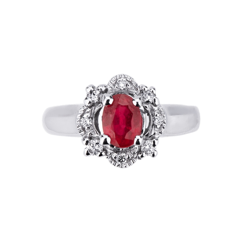 Halo ring white gold 18k with a central ruby and diamonds