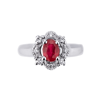 Halo ring white gold 18k with a central ruby and diamonds