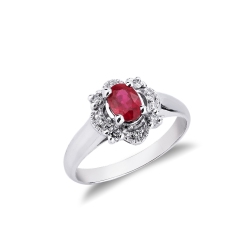 Halo ring white gold 18k with a central ruby and diamonds