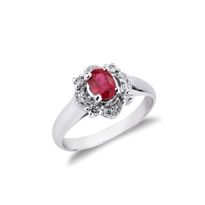 Halo ring white gold 18k with a central ruby and diamonds