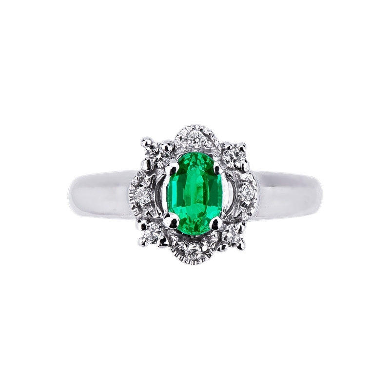 Halo ring white gold 18k with a central emerald and diamonds 