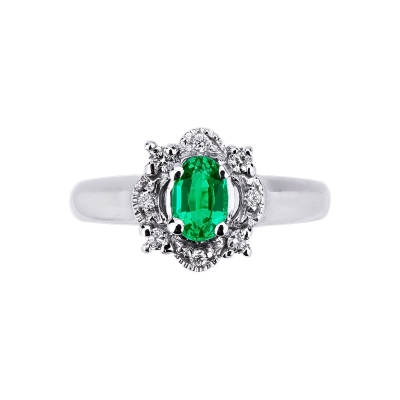 Halo ring white gold 18k with a central emerald and diamonds 