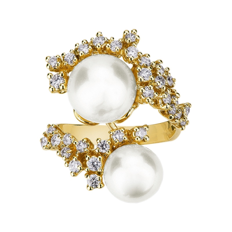 18k yellow gold ring with diamonds and pearls 